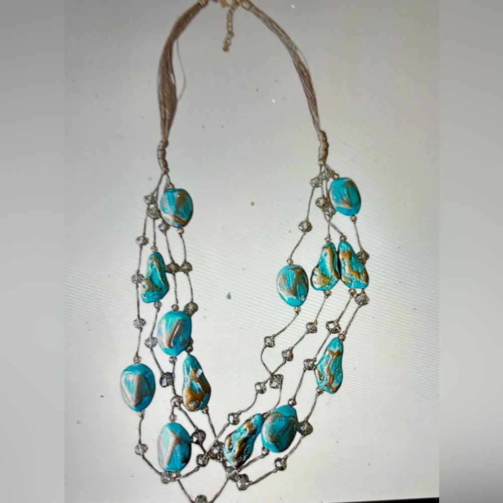 Long Chunky Turquoise Beaded Layered Necklace - Picture 2 of 6